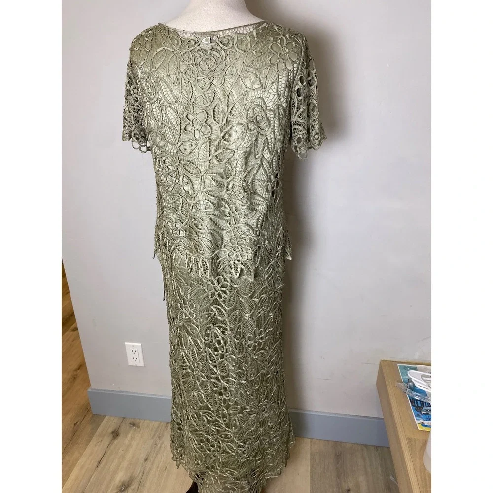 Vintage 90s Y2K Silk 3 Piece Set Lace Beaded Blouse Tank Skirt Sage Green Formal